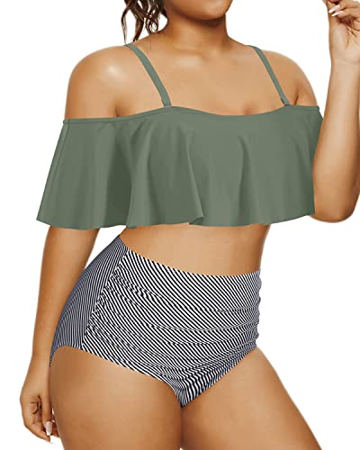 Plus Size Two Piece High Waisted Tummy Control Bikini Set-Navy Blue