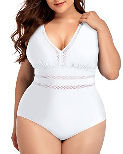 Sexy Backless Plus Size Swimsuit V-Neck For Curvy Women-White