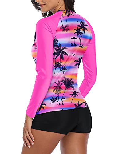 Full Coverage Women's Long Sleeve Rash Guard Two Piece Swimwear-Pink Palm