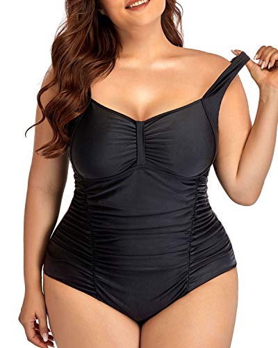 High Cut Vintage One Piece Swimsuits For Plus Size Women-Black