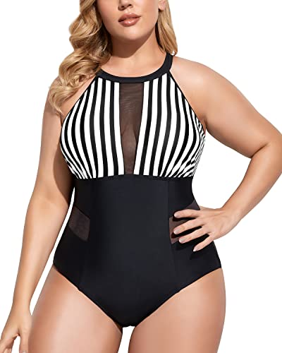 Chic Cut Out High Neck Plus Size Monokini Swimwear-Black And White Stripe