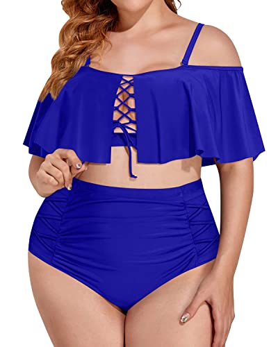 Classic Off Shoulder Plus Size Two Piece Swimwear-Royal Blue