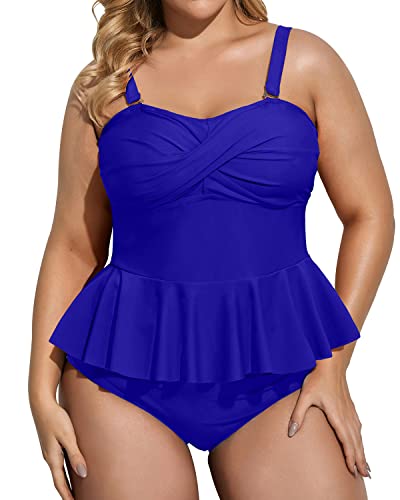 Adjustable Strap Peplum Tankini Two Piece Plus Size Swimsuit-Royal Blue