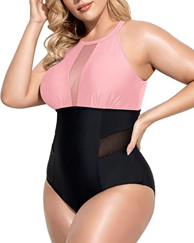 Plus Size Mesh Plunge Swimsuit Tummy Control-Pink And Black