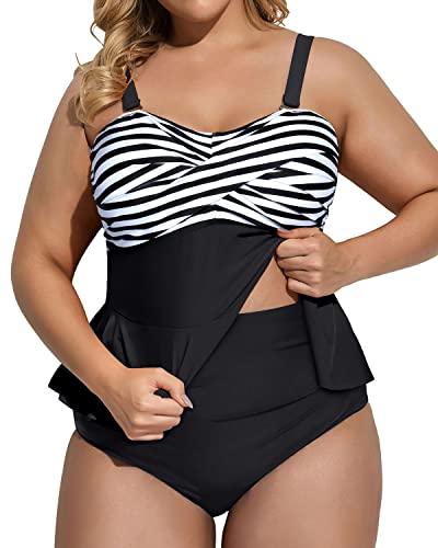 Twist Front Removable Strap Two Piece Plus Size Swimsuit-Black And White Stripe