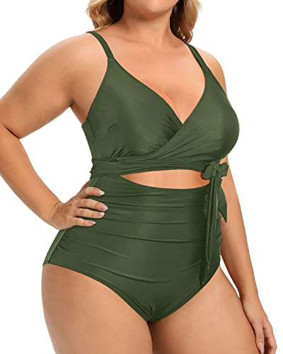 Wrap Tie High Waisted Tummy Control Cutout Swimsuits-Army Green