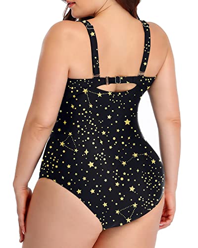 Women One Piece Swimsuits Plus Size Mesh High Neck Vintage Bathing Suits-Gold Stars