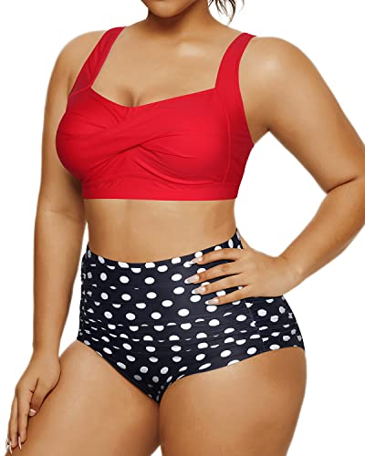 Elegant Plus Size Bikini Open Back Retro 2 Piece Swimsuit-Red Dot