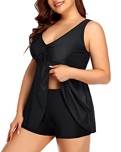 Flowy Push Up Tankini Top High Waisted Boyshorts For Curvy Women-Black