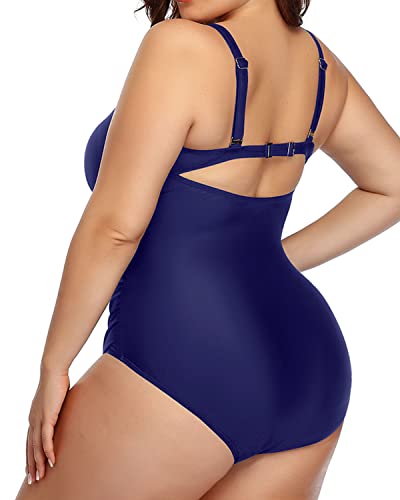 Fashionable Cutout V Neck Monokini Swimsuit For Curvy Women-Navy Blue