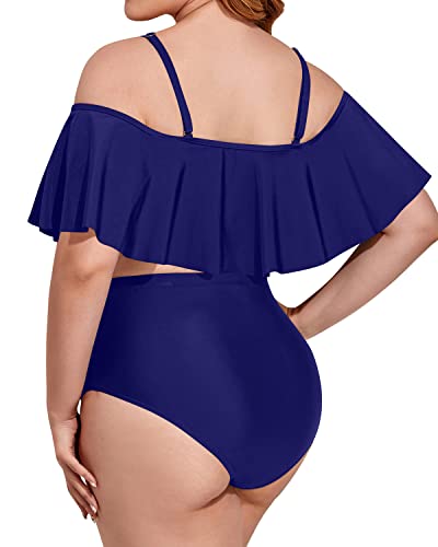 Two Piece Flirty Flounce Off Shoulder Plus Size Bikini Set-Navy Blue