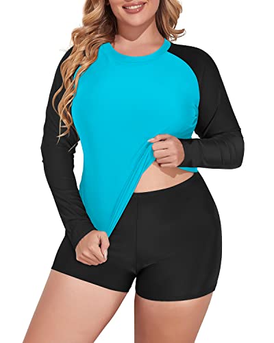 Women's Plus Size Long Sleeve Rash Guard Swimsuit Boy Short-Aqua