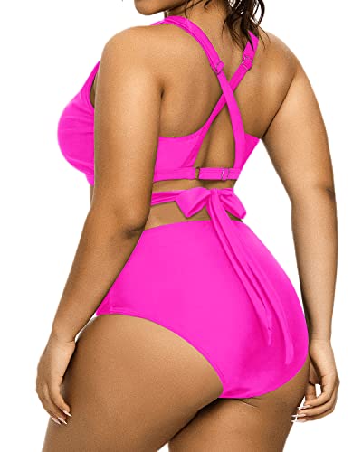 Sexy V-Neck Keyhole Bikini Plus Size Tie Knot Swimwear-Neon Pink