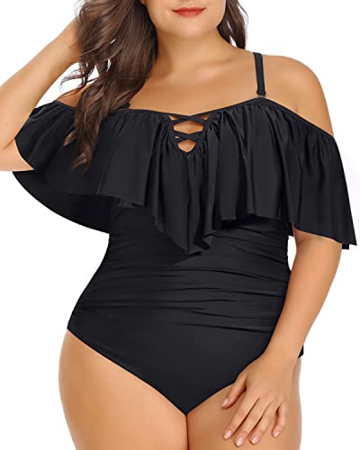 Chic Lace Up Ruffled Plus Size One Piece Swimsuits For Curvy Women-Black