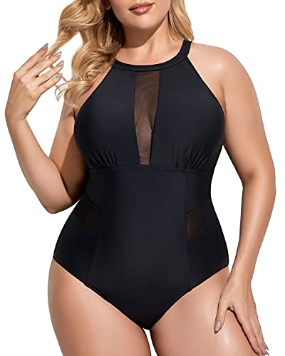 Sleek High-Neck Plus Size Swimwear Tummy Control For Curvy Women-Black