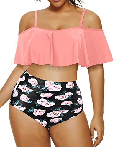 Tummy Control Plus Size Two Piece Bikini High Waist Bottoms-Coral Pink Floral