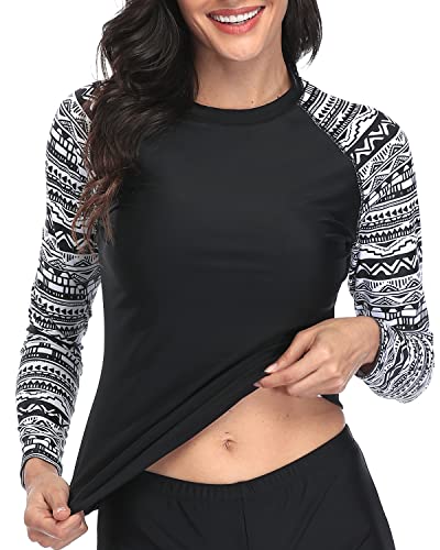 Uv Protection Long Sleeve Rashguard Top For Women-Black And White Snake Print