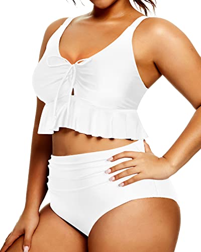 Tummy Control High Waisted Bikini Set Plus Size Bathing Suit-White