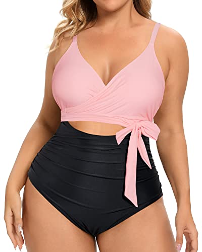 Flattering Cutout Open Back Plus Size One Piece Swimsuits-Pink And Black