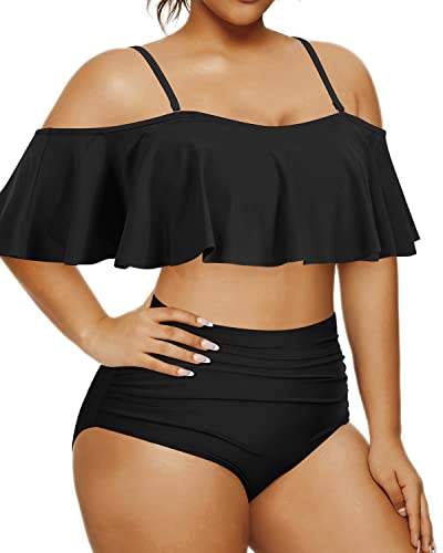 Falbala Two Piece Swimsuits For Women Plus Size Bikini Set-Black