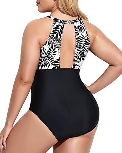 Tummy Control Cut Out Monokini Swimsuit For Plus Size Women-Black Leaves