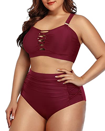 Adjustable Criss Cross Ruched Bikini For Plus Size Ladies-Maroon