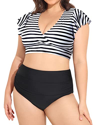 Ruffled Sleeve Two Piece Swimsuits Plus Size High Waisted Bikini-Black And White Stripe