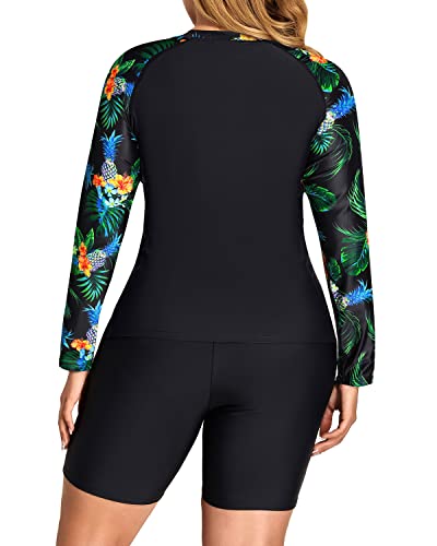 Beach-Ready Tankini Rash Guard 2 Piece Plus Size Long Sleeve Rash Guard-Black Pineapple