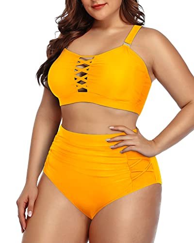 High Waisted Ruched Tummy Control Bikini For Plus Size Women-Yellow