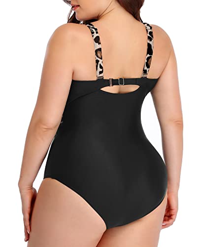 Retro Mesh High Neck Plus Size One Piece Swimsuits-Black And Leopard