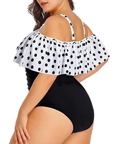 Ruched Tummy Control Women Plus Size One Piece Swimsuits-White Black Polka Dots