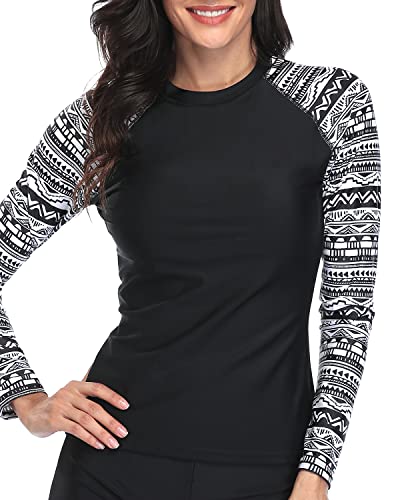 Uv Protection Long Sleeve Rashguard Top For Women-Black And White Snake Print