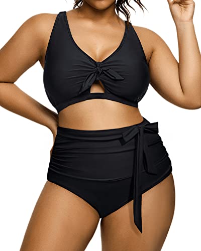 Ruched High Waist Plus Size Bikini Swimsuit For Curvy Women-Black