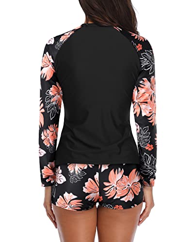 Long Sleeve Bathing Suit Two Piece Rash Guard Women-Black Floral