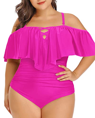 Adjustable Strap Ruffled Plus Size One Piece Swimsuits-Neon Pink