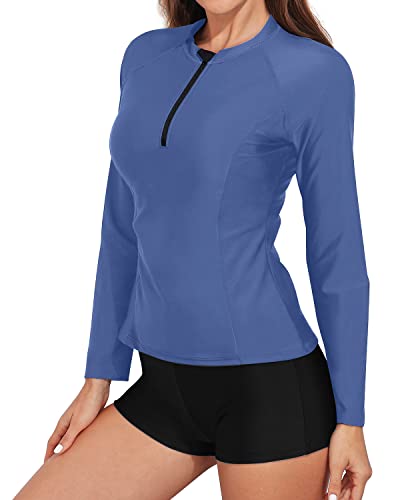 Two Piece Long Sleeve Rash Guard Zipper And Boyshorts For Women-Blue