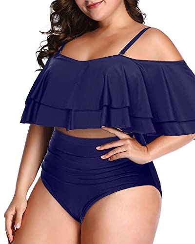 High Waisted Ruched Bottom Bikini For Plus Size 2 Piece Swimsuits-Navy Blue