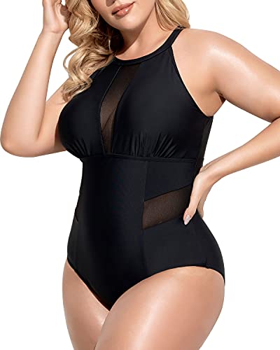 Sleek High-Neck Plus Size Swimwear Tummy Control For Curvy Women-Black