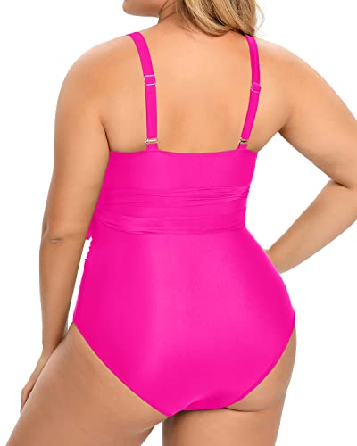 Playful Waist Highlight Plus Size One Piece Swimsuits For Ladies-Neon Pink