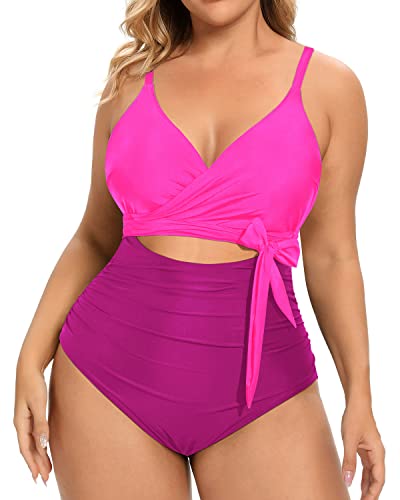 Plunge Neckline High Waisted Tummy Control Swimwear-Phosphor And Dark Pink