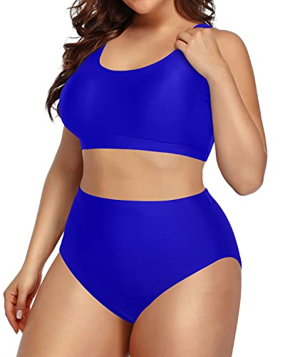 Plus Size Bikini Set Sport Bra Swimsuit Scoop Neck Tops Bottom High Waist Bathing Suit-Royal Blue