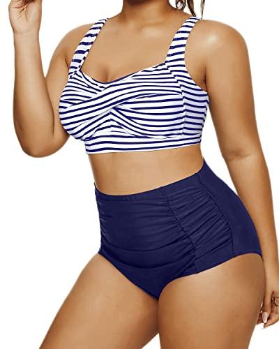 Sweetheart Neckline Twist Front Bikini Set For Women-Blue White Stripe