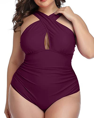 Plus Size Front Cross Tummy Control One Piece Swimsuits-Maroon