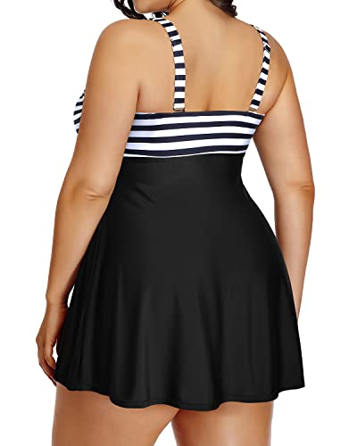 Slimming Plus Size Swimdress Tummy Control Shorts-Black And White Stripe