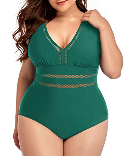 Comfortable And Attractive Plus Size V Neck Bathing Suit-Emerald Green