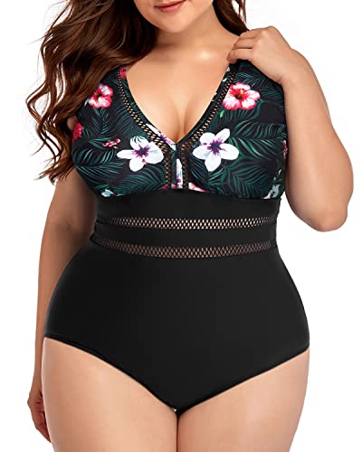 Adjustable Strap Plus Size V Neck One Piece Bathing Suit-Black Floral