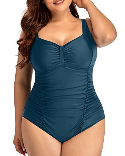 Ruched Front Retro Swimwear For Curvy Women-Teal