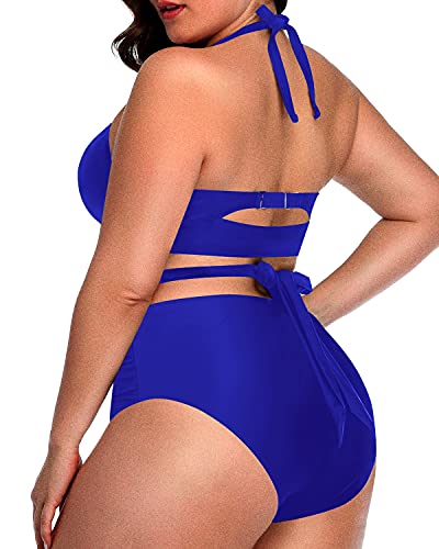 Chic Plus Size Bathing Suit Halter Top And High Waist Bottoms-Royal Blue