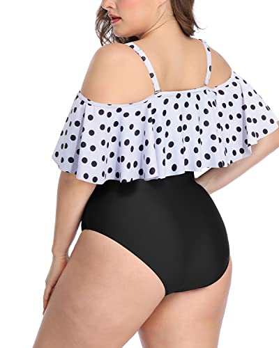 Ruffled Off-Shoulder Plus Size One Piece Swimsuits For Women-White Black Polka Dots