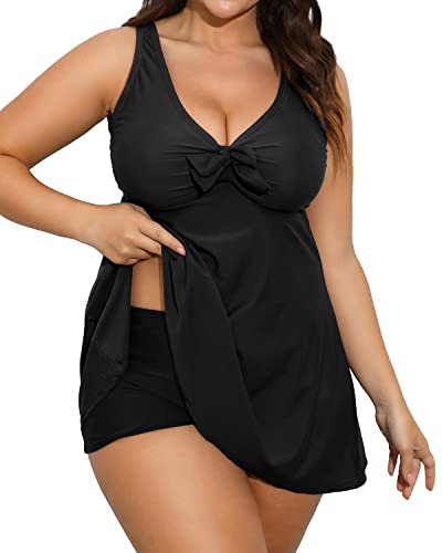 Flowy Plus Size Swim Dress Tummy Control Boyshorts-Black